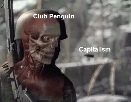 Sniper Elite Headshot — Sniper Elite meme showing 'Club Penguin' on skeleton targeted by 'Capitalism' as bullet.