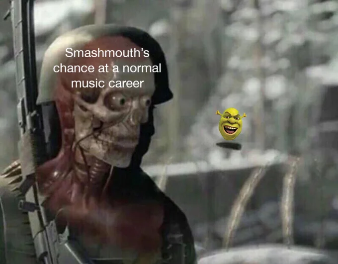 Sniper Elite Headshot — Creative variation with Shrek's face replacing bullet aimed at 'Smashmouth's chance at normal music career'.