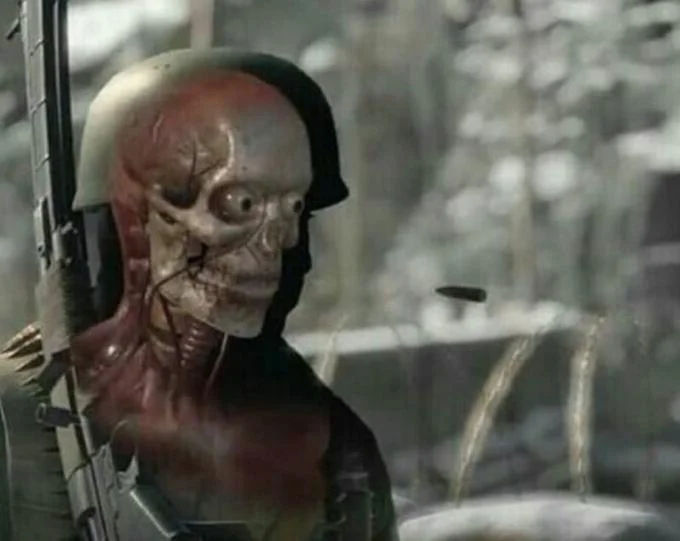 Sniper Elite Headshot — Unlabeled Sniper Elite 4 x-ray kill cam screenshot showing soldier's skull with incoming bullet, clean template version.