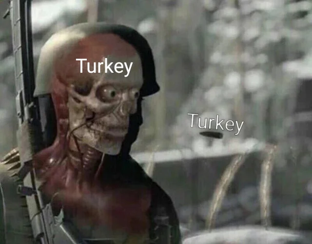 Sniper Elite Headshot meme with 'Turkey' labeled on both skeleton and bullet, humorously showing self-targeting.