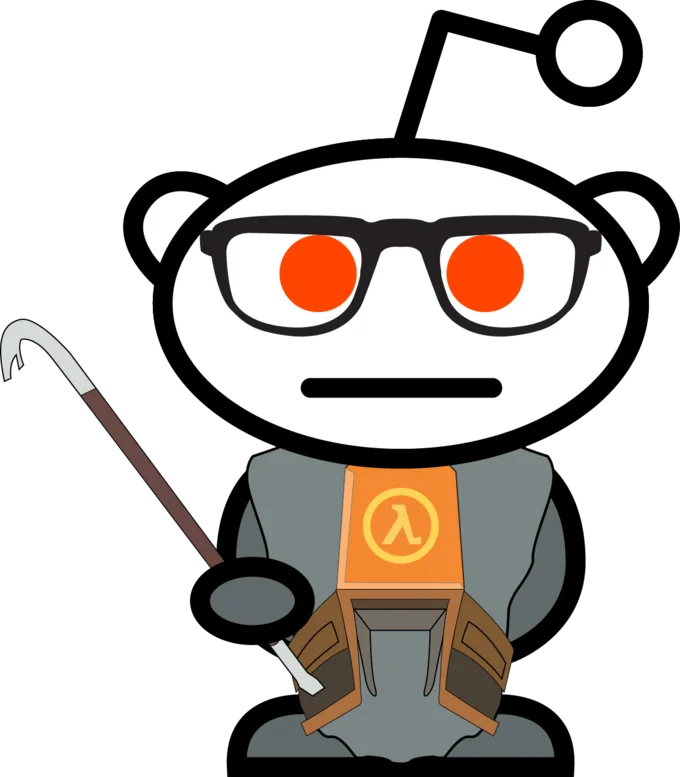 Snoo cosplaying as Gordon Freeman from Half-Life with glasses and crowbar