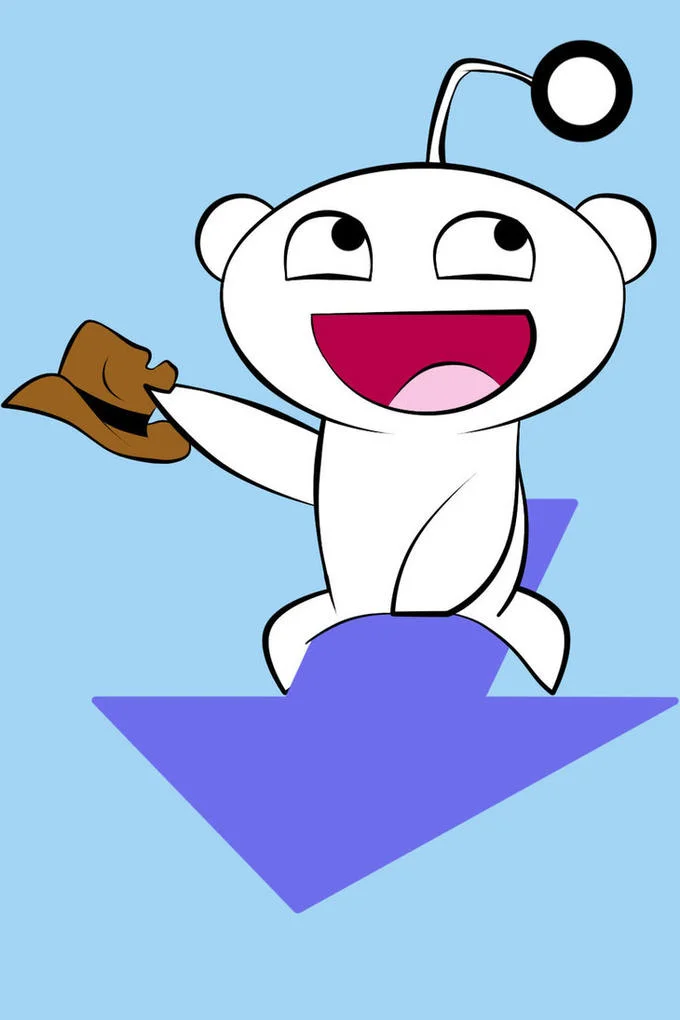 Cartoon Snoo tipping a cowboy hat while sitting on a purple downvote arrow