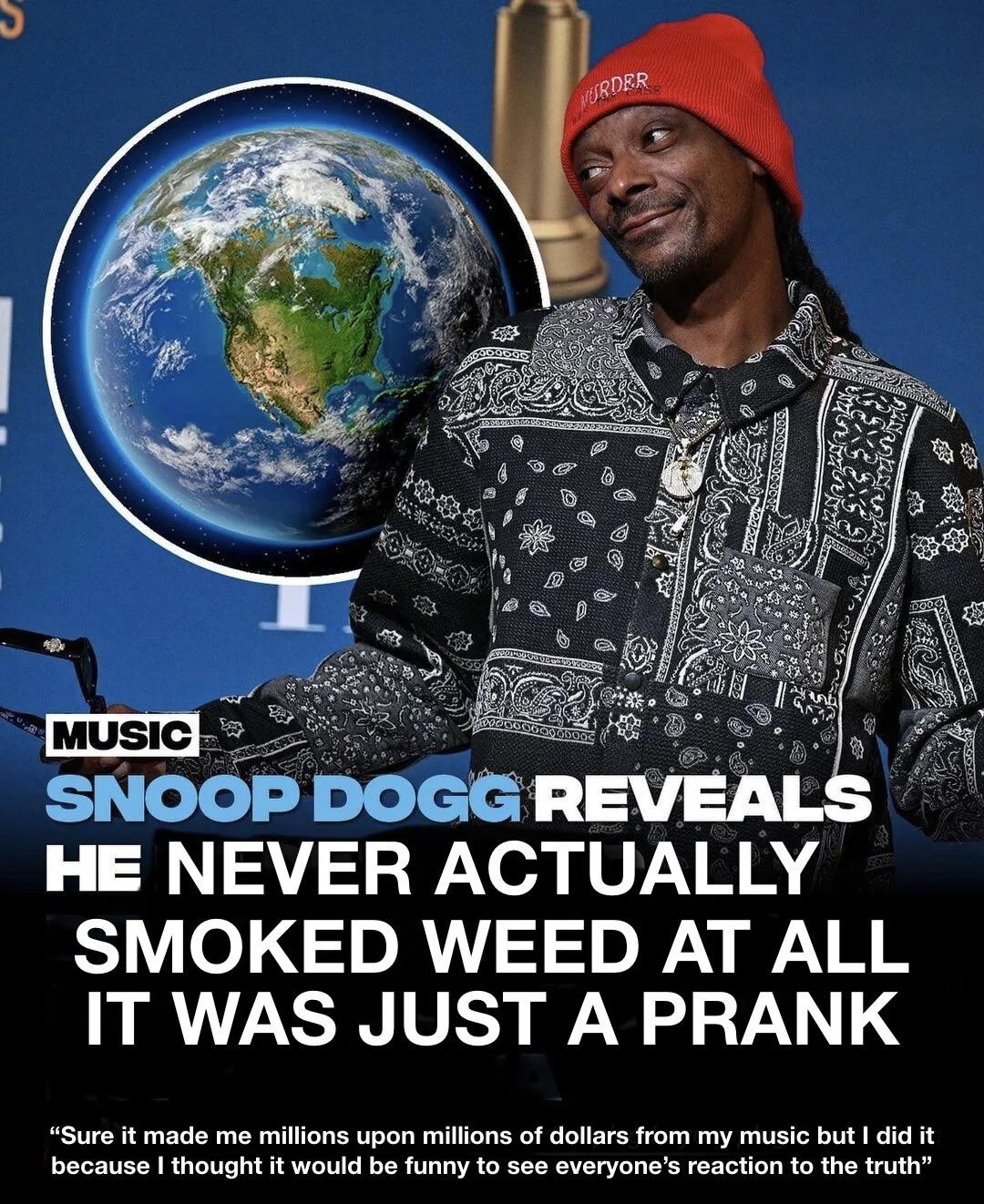Fake news graphic saying Snoop Dogg reveals he never smoked weed and it was a prank
