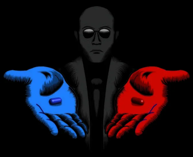 Snorting the Blue Pill and Red Pill — Blank Morpheus illustration offering a blue pill and a red pill