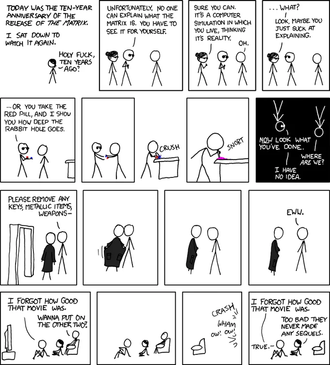 Snorting the Blue Pill and Red Pill — XKCD comic strip titled Matrix Revisited featuring stick figures crushing and snorting pills
