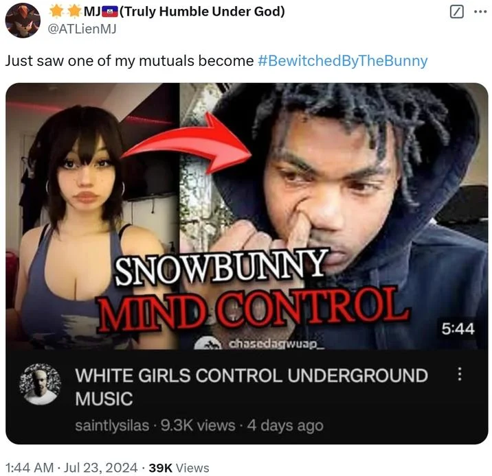 Tweet with hashtag BewitchedByTheBunny showing Snowbunny Mind Control and a related YouTube video