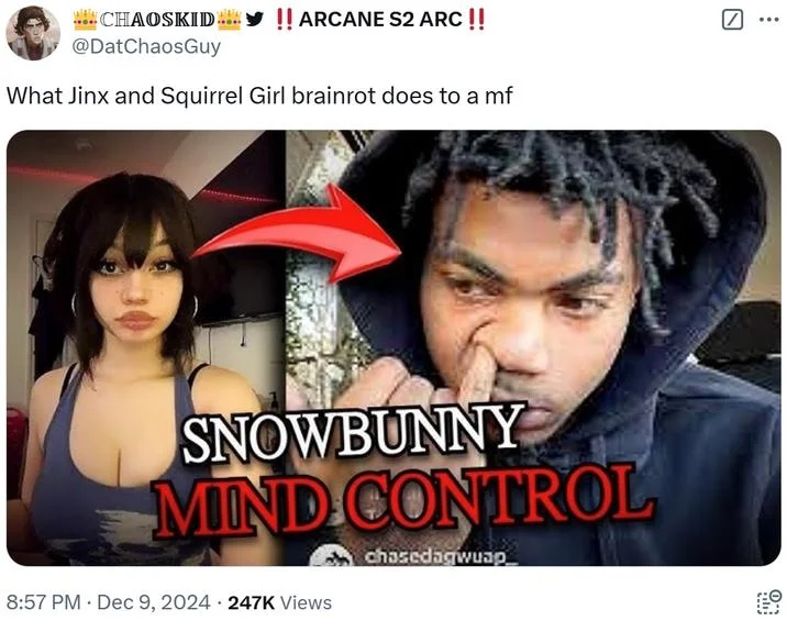 Tweet joking about Jinx and Squirrel Girl brainrot with Snowbunny Mind Control meme