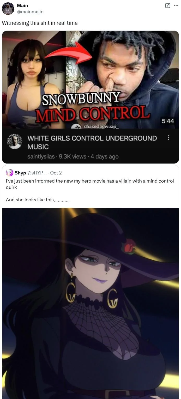 Twitter thread combining Snowbunny Mind Control meme with My Hero Academia villain anime illustration