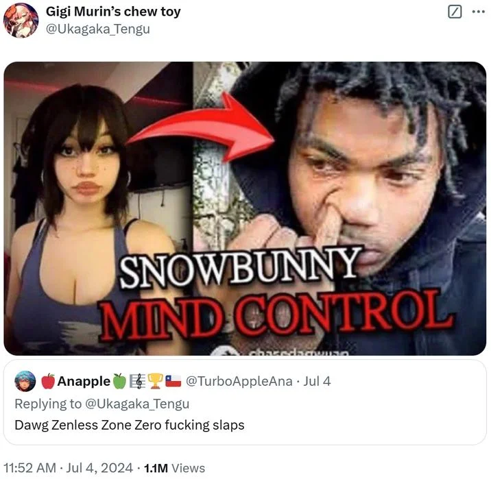 Twitter post referencing Zenless Zone Zero using the Snowbunny Mind Control meme