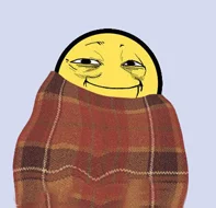 So Comfy — Cartoon face wrapped in checkered blanket with zen-like cozy expression