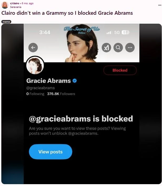 Reddit post titled 'Clairo didn't win a Grammy so I blocked Gracie Abrams' with blocked profile screenshot.