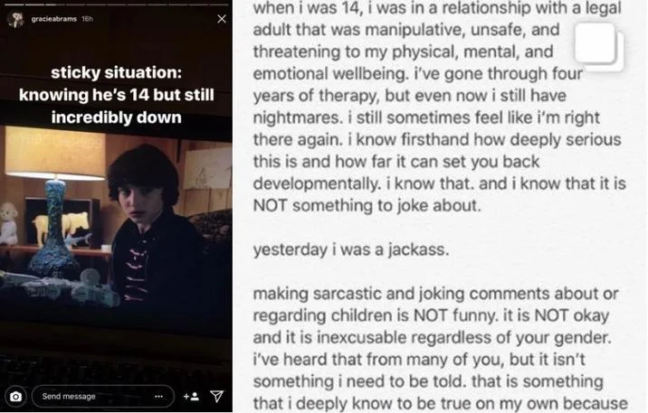So I Blocked Gracie Abrams — Gracie Abrams Instagram story about Finn Wolfhard alongside her written apology for the joke.