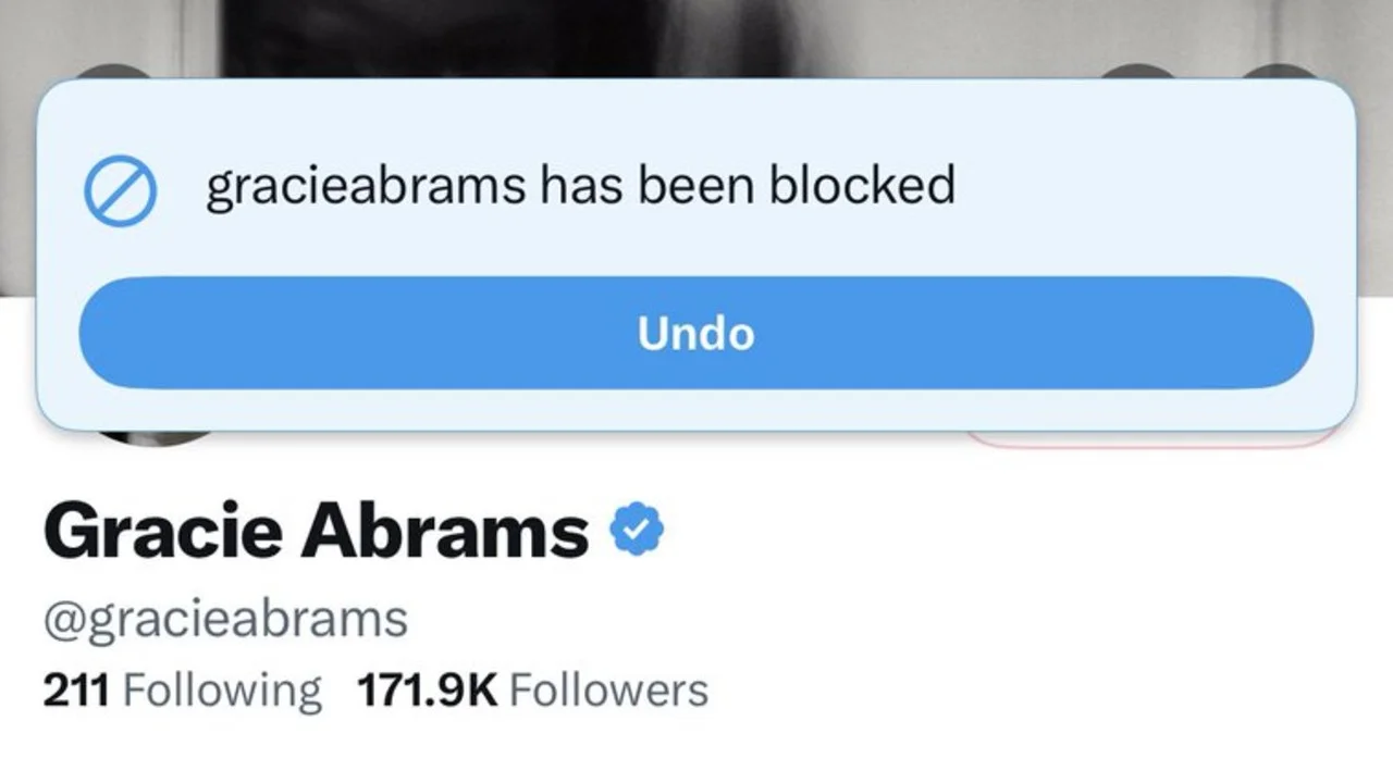So I Blocked Gracie Abrams — Twitter screenshot of Gracie Abrams' profile showing a 'gracieabrams has been blocked' notification with Undo button.