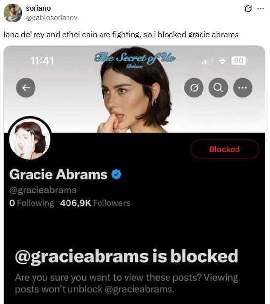 Tweet reading 'lana del rey and ethel cain are fighting, so i blocked gracie abrams' with blocked profile screenshot.
