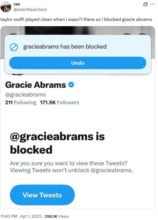 Tweet reading 'taylor swift played clean when i wasn't there so i blocked gracie abrams' with blocked profile screenshot.