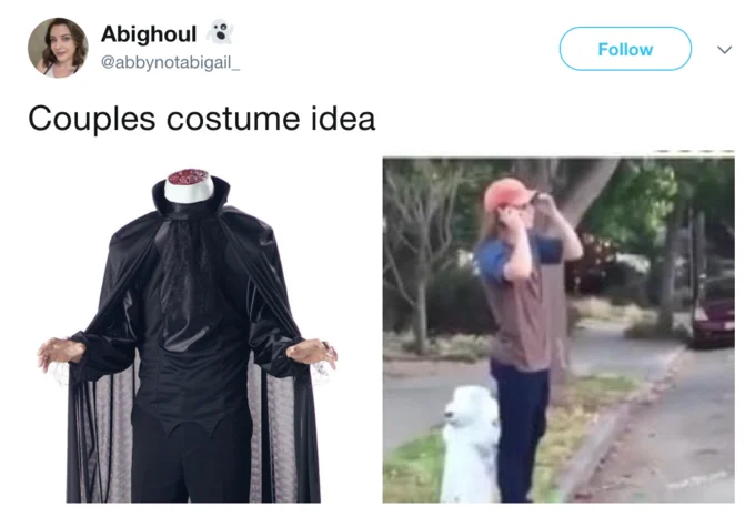 So No Head? — Tweet by @abbynotabigail_ captioned 'Couples costume idea' pairing a headless horseman costume with the So No Head Vine screenshot.