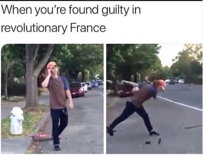 So No Head? — Two-panel meme labeled 'When you're found guilty in revolutionary France' with the So No Head Vine guy losing his head.