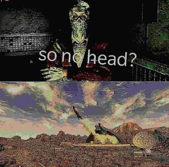 Two-panel glitchy meme with 'so no head?' text over a distorted figure and a rocket launch scene below.