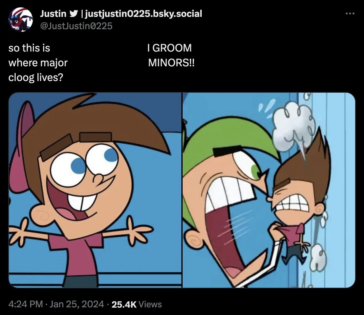 So This Is Where Major Cloog Lives— I Groom MINORS — Tweet by Justin showing Fairly OddParents panels with Timmy and Cosmo captioned 'so this is where major