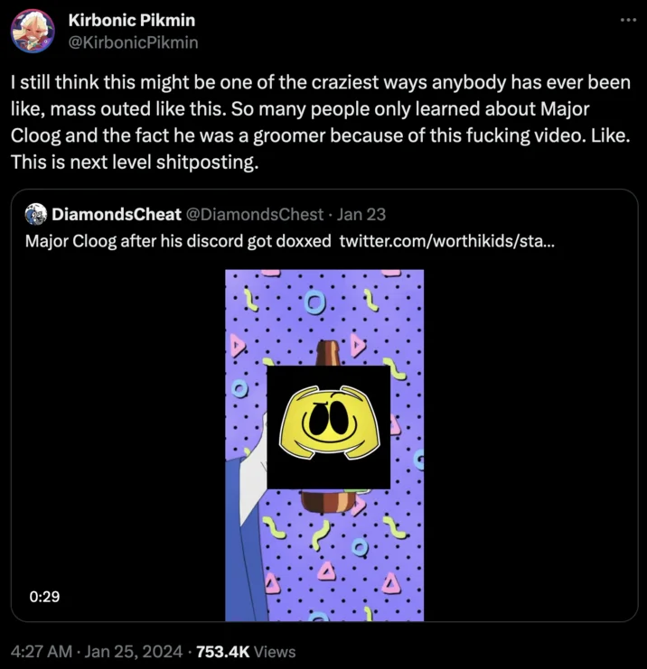 So This Is Where Major Cloog Lives— I Groom MINORS — Tweet by Kirbonic Pikmin reacting to the Major Cloog doxxing video with the Wizard Ale/Discord parody