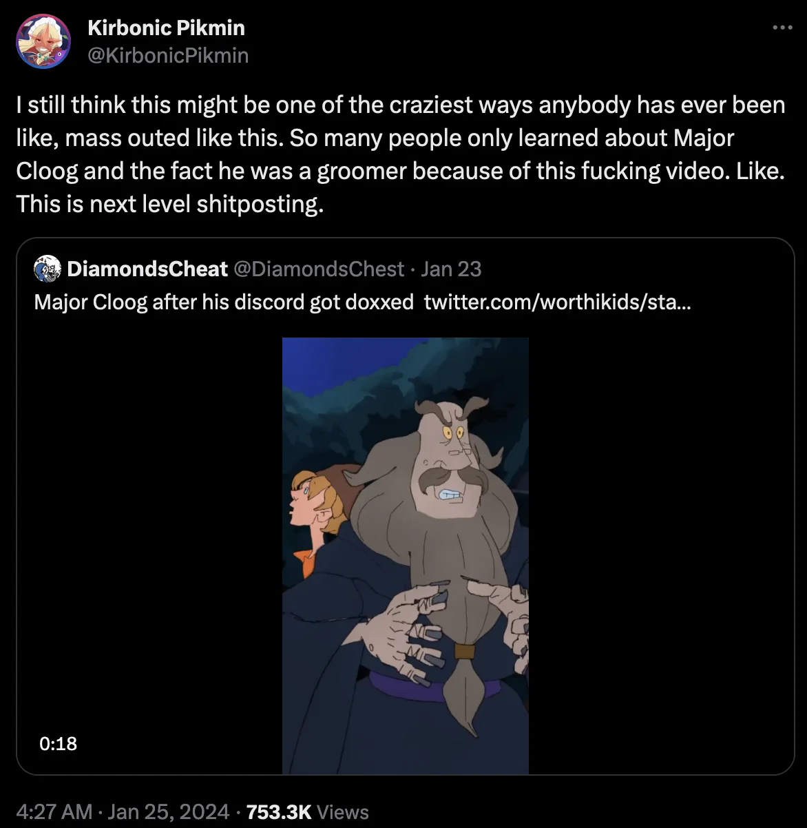 So This Is Where Major Cloog Lives— I Groom MINORS — High-res tweet by Kirbonic Pikmin quote-tweeting the DiamondsCheat Major Cloog doxxing post with original