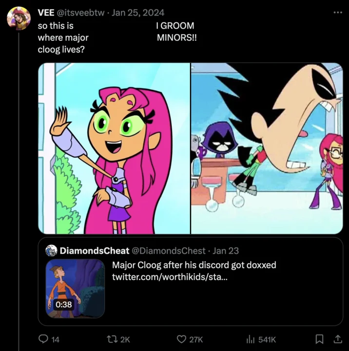 So This Is Where Major Cloog Lives— I Groom MINORS — Tweet by VEE showing Teen Titans Go reaction panels captioned 'so this is where major cloog lives' and 'I
