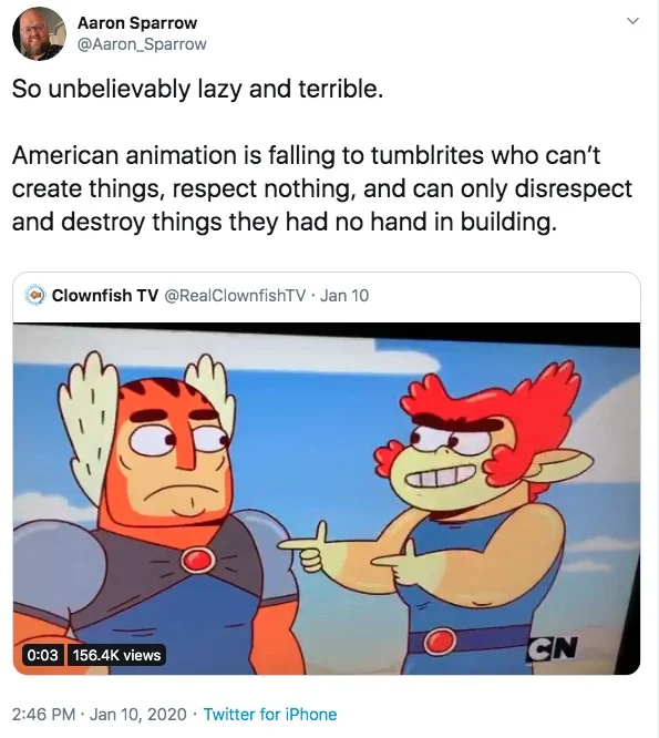 Twitter post by Aaron Sparrow with the text 'So unbelievably lazy and terrible' quote-tweeting a Clownfish TV clip from ThunderCats Roar.