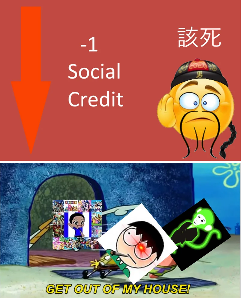 Social credit meme with downward red arrow showing -1 points, frustrated emoji, and scene of forced removal.
