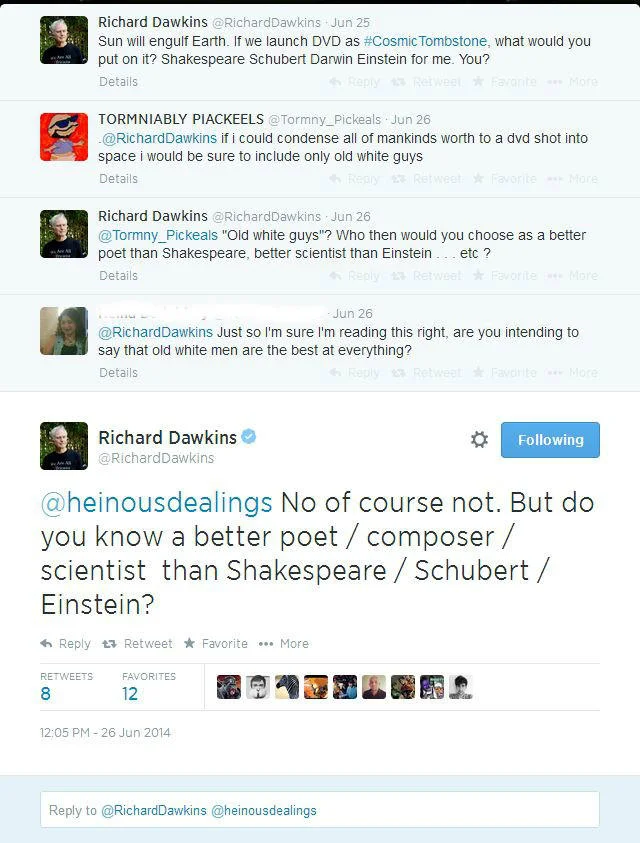 Social Justice Warrior — Twitter thread showing Richard Dawkins engaged in detailed argumentative exchanges with multiple users.