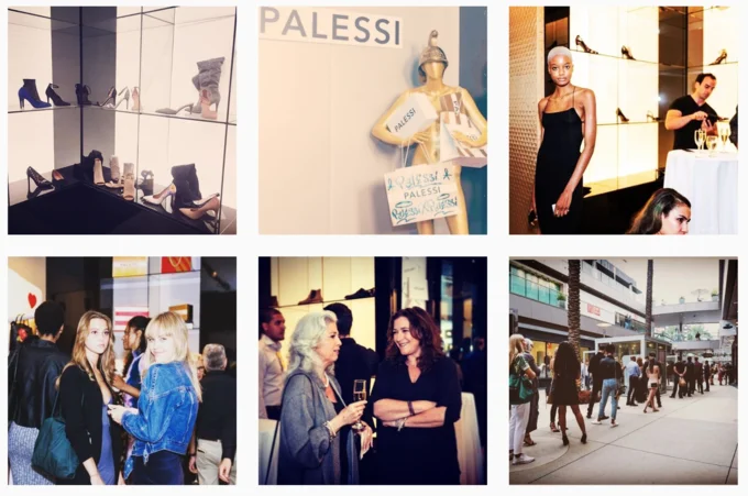 Social Media Influencer — Instagram grid of the Palessi pop-up event featuring luxury shoe displays and attendees