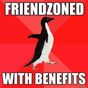 Socially Awesome Penguin — Penguin on red background with text reading 'FRIENDZONED WITH BENEFITS'.