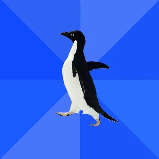 Socially Awesome Penguin — A black and white penguin stands against a vibrant blue radiating starburst background in a confident pose.