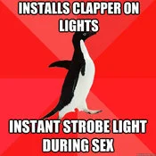 Socially Awesome Penguin — Penguin on red background with text about installing clapper on lights creating strobe effect.
