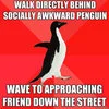 Socially Awesome Penguin — Penguin on orange-red background with text about giving lost strangers incorrect directions.