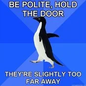 Socially Awkward Penguin — Blue penguin meme about holding door for person at unclear distance.