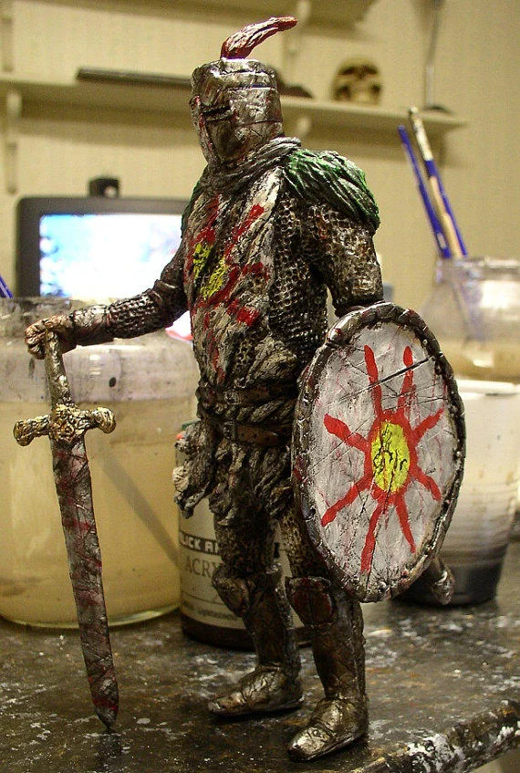 Solaire Of Astora — Handcrafted fan figure of Solaire with sword, shield, and weathered painted armor.