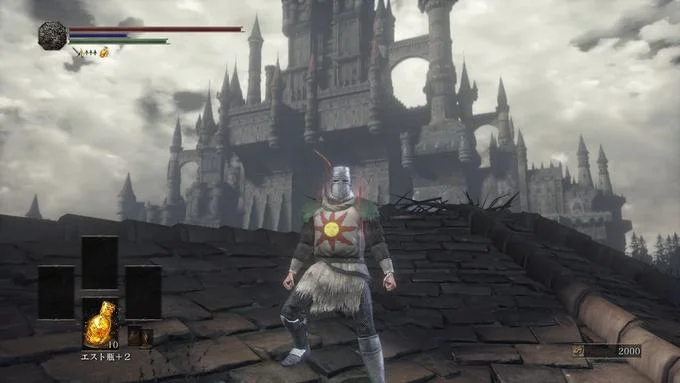 Solaire Of Astora — Dark Souls gameplay screenshot of Solaire in iconic pose against castle environment.