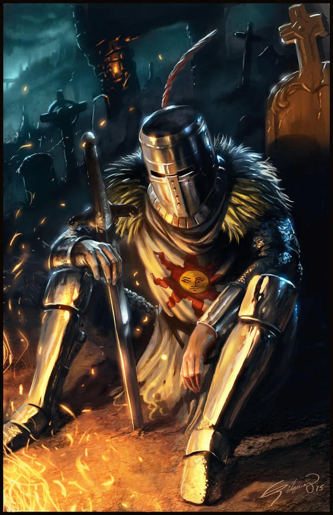 Solaire Of Astora — Dramatic digital artwork of Solaire in golden and black armor with arms spread in transcendent pose.