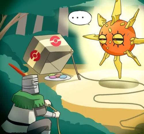 Solaire Of Astora — Stylized illustration of armored character meditating while gazing at glowing sun entity.