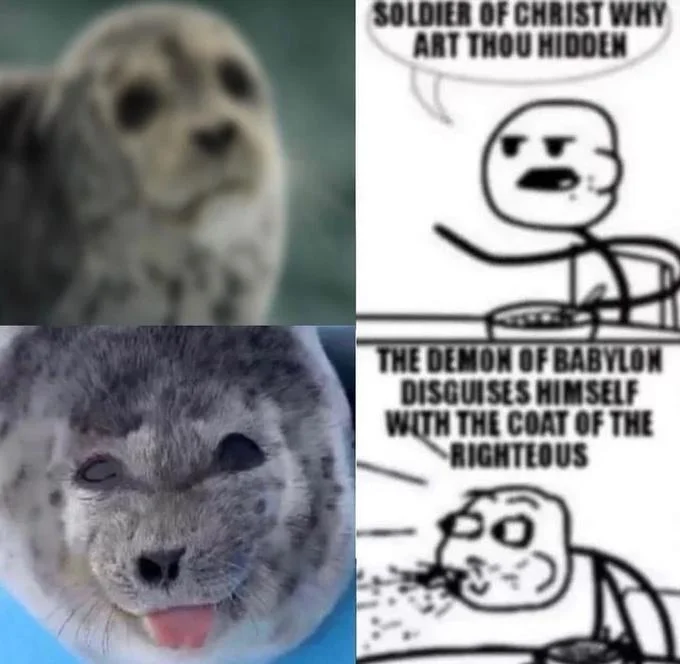 Soldier of Christ Why Art Thou Hidden — Innocent seal pup revealed as derpy tongue-out seal beside Cereal Guy Soldier of Christ meme text