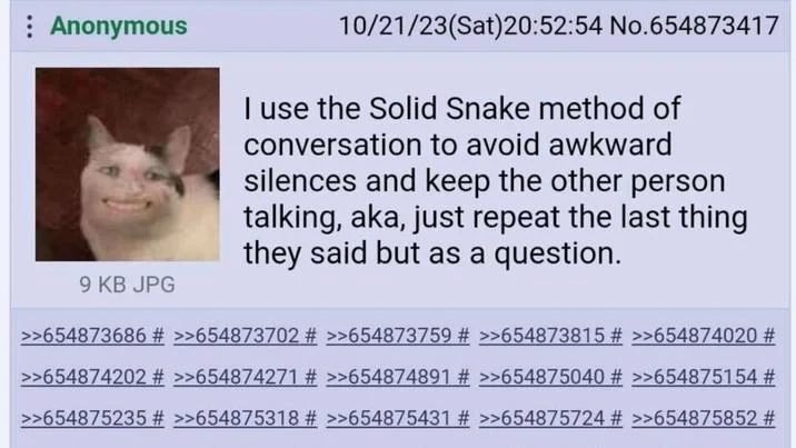 Smaller duplicate of the 4chan post featuring awkward cat describing the Solid Snake method of conversation.