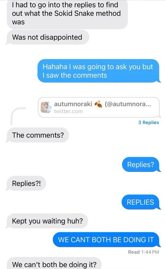 Solid Snake Method of Conversation — Text message screenshot showing two people echoing each other's words using the Solid Snake conversation method.