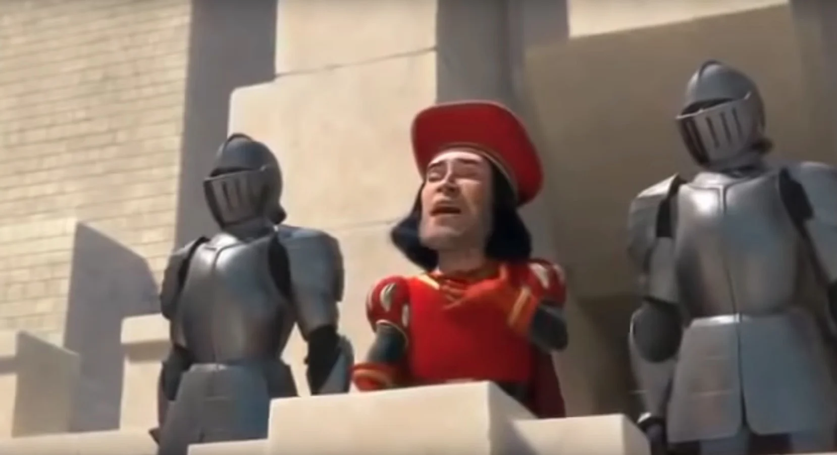 Some of You May Die — Lord Farquaad from Shrek addressing knights from a balcony with arms partially raised