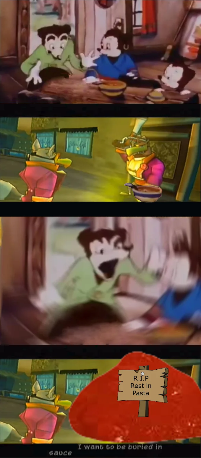 Somebody Toucha My Spaghet — Original cartoon dinner scene with an anime girl in striped pajamas edited in, eating a plate of spaghetti at the table.