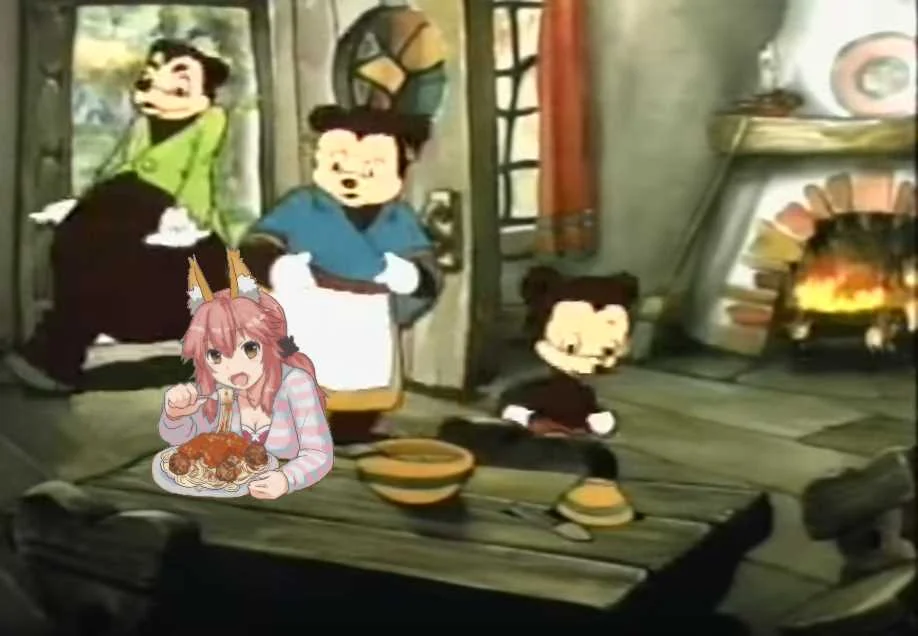 Meme text over blurry cartoon scene reading 'If you scream out Somebody Toucha My Spaghet at 11:14:14 you will get a lifetime supply of spaghet sent at your