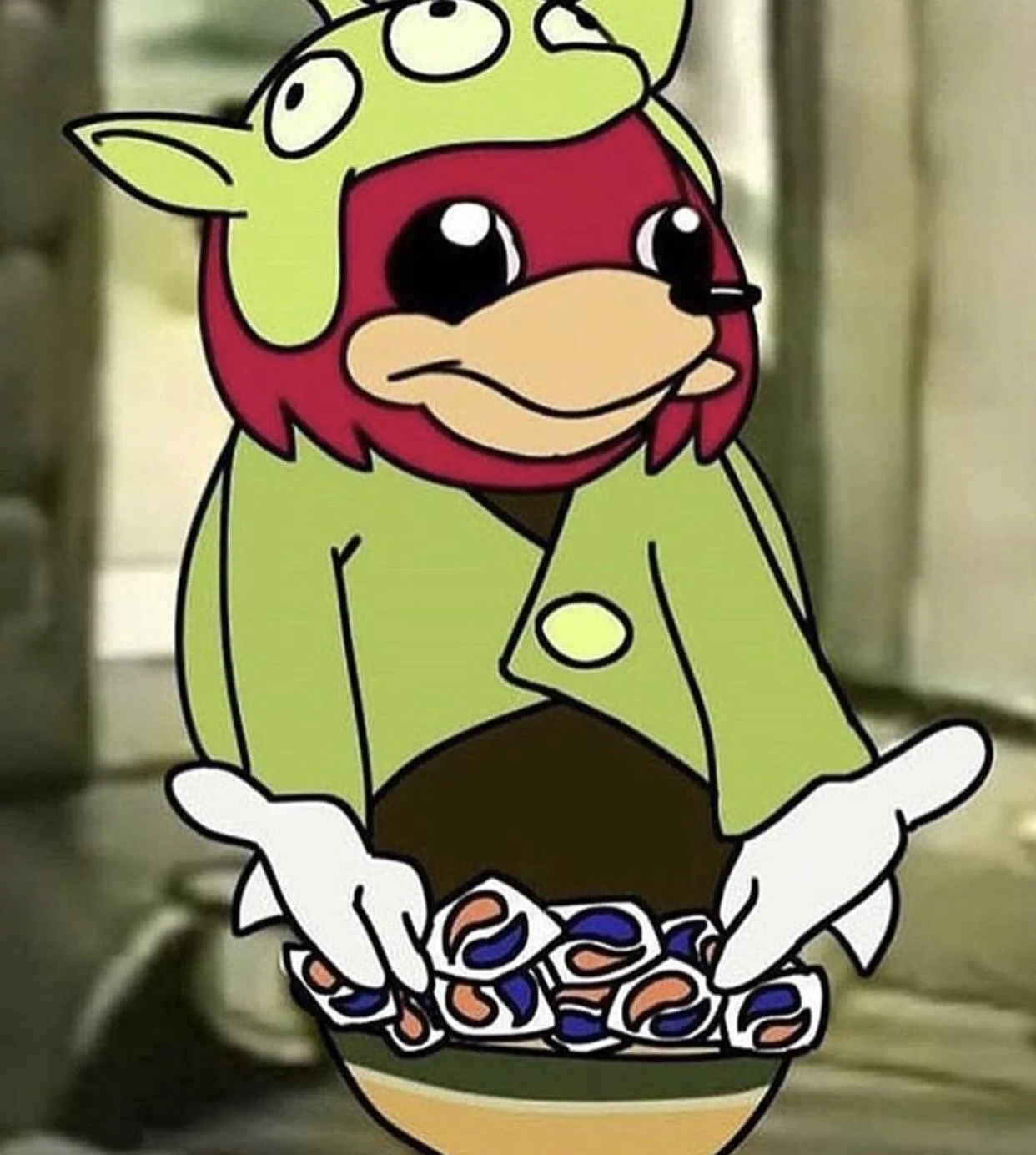Somebody Toucha My Spaghet — Cartoon father in a green coat with a screaming green orc face pasted over his head and an Age of Empires town center pixel-art