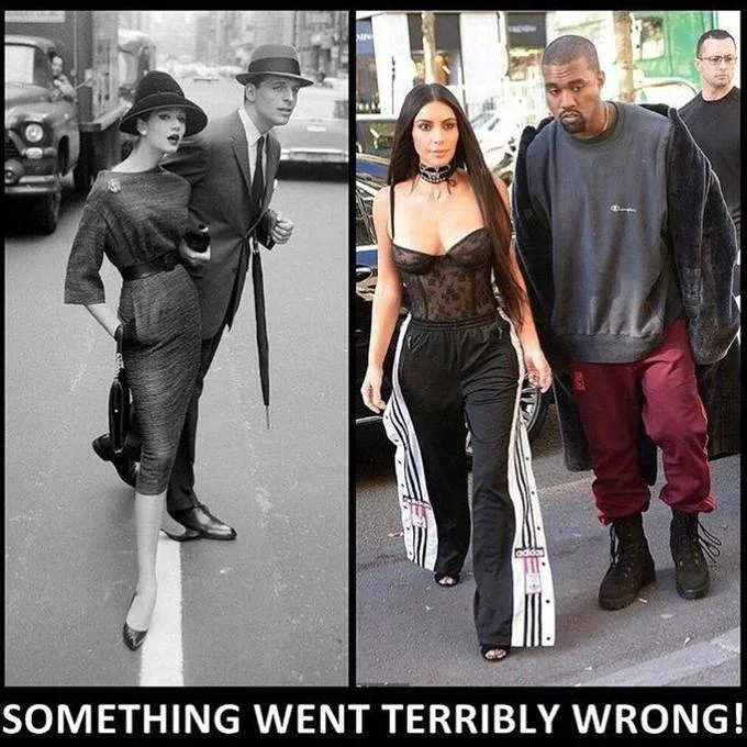 Elegant 1960s couple versus Kim Kardashian and Kanye West in streetwear, captioned 'Something went terribly wrong!'