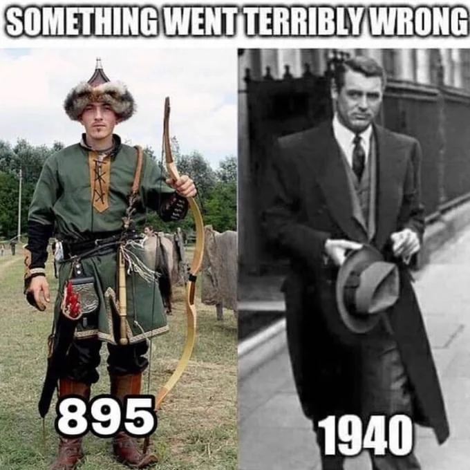 Medieval warrior from 895 beside Cary Grant from 1940, captioned 'Something went terribly wrong'