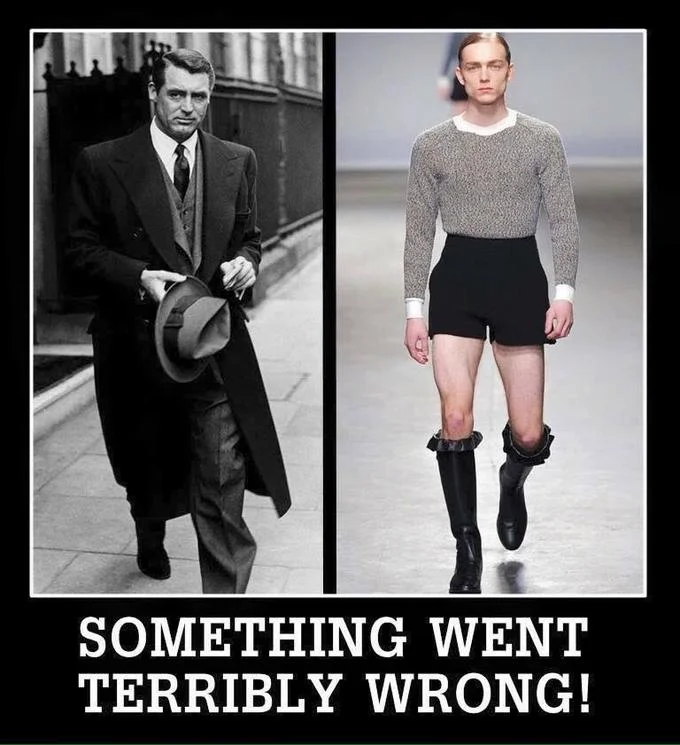 Cary Grant in a suit beside a male runway model in short-shorts and boots, captioned 'Something went terribly wrong!'