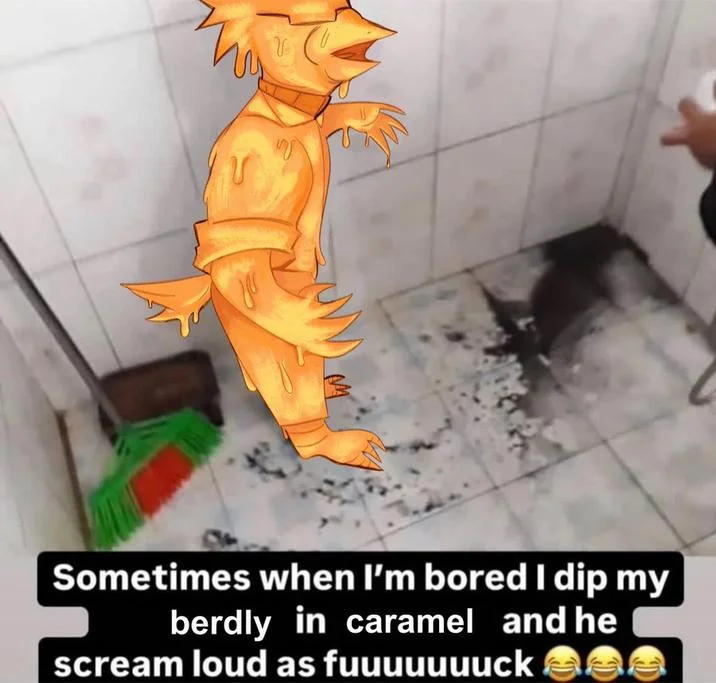 Sometimes When Im Bored I Dip My Son In Tar — Tar kid meme edited with an orange caramel-dripping creature and altered caption